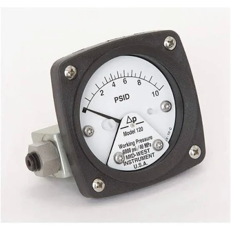Mid-West piston-type differential pressure gauge installed on industrial filter line