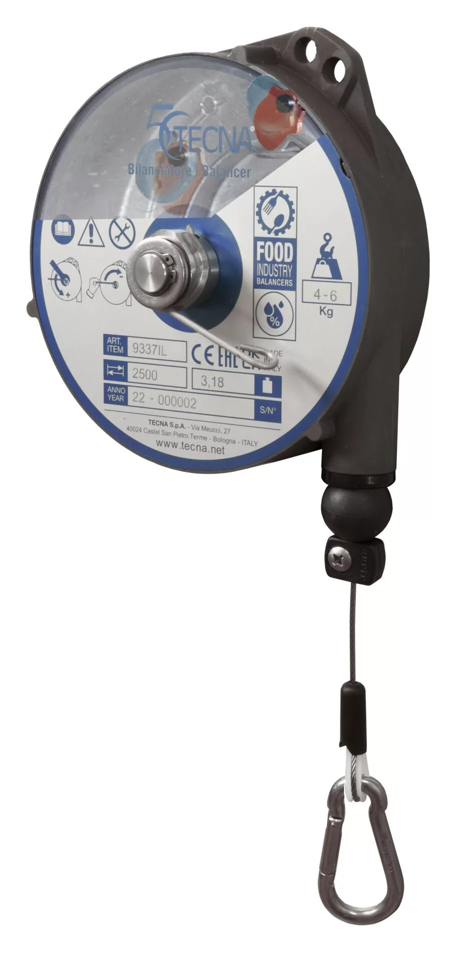 TECNA Stainless Zero Gravity & Retractor Balancers | Food-Grade NSF-H1 Certified Lifting Solutions for Meat, Dairy, Bakery & Chemical Environments