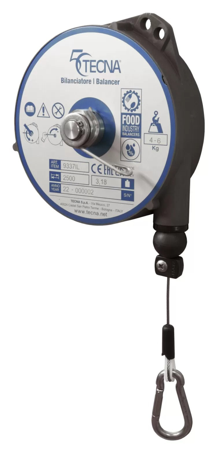 TECNA Stainless Zero Gravity & Retractor Balancers | Food-Grade NSF-H1 Certified Lifting Solutions for Meat, Dairy, Bakery & Chemical Environments